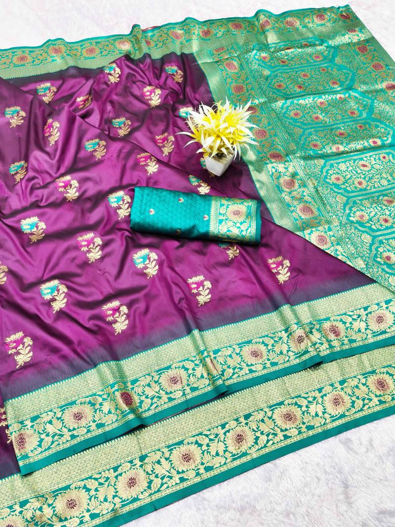 wine zari woven banarasi silk blend traditional saree with blouse piece