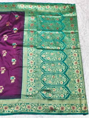 wine zari woven banarasi silk blend traditional saree with blouse piece 2