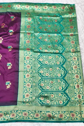 wine zari woven banarasi silk blend traditional saree with blouse piece
