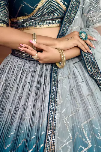 blue sequins chinon lehenga set choli with dupatta