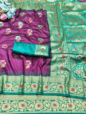 wine zari woven banarasi silk blend traditional saree with blouse piece 5