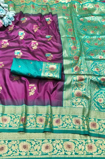 wine zari woven banarasi silk blend traditional saree with blouse piece