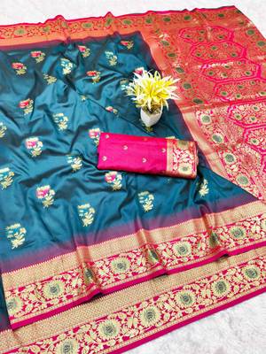 firozi zari woven banarasi silk blend traditional saree with blouse piece 1