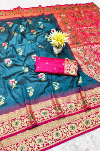 firozi zari woven banarasi silk blend traditional saree with blouse piece