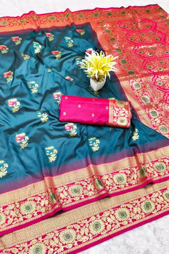 firozi zari woven banarasi silk blend traditional saree with blouse piece