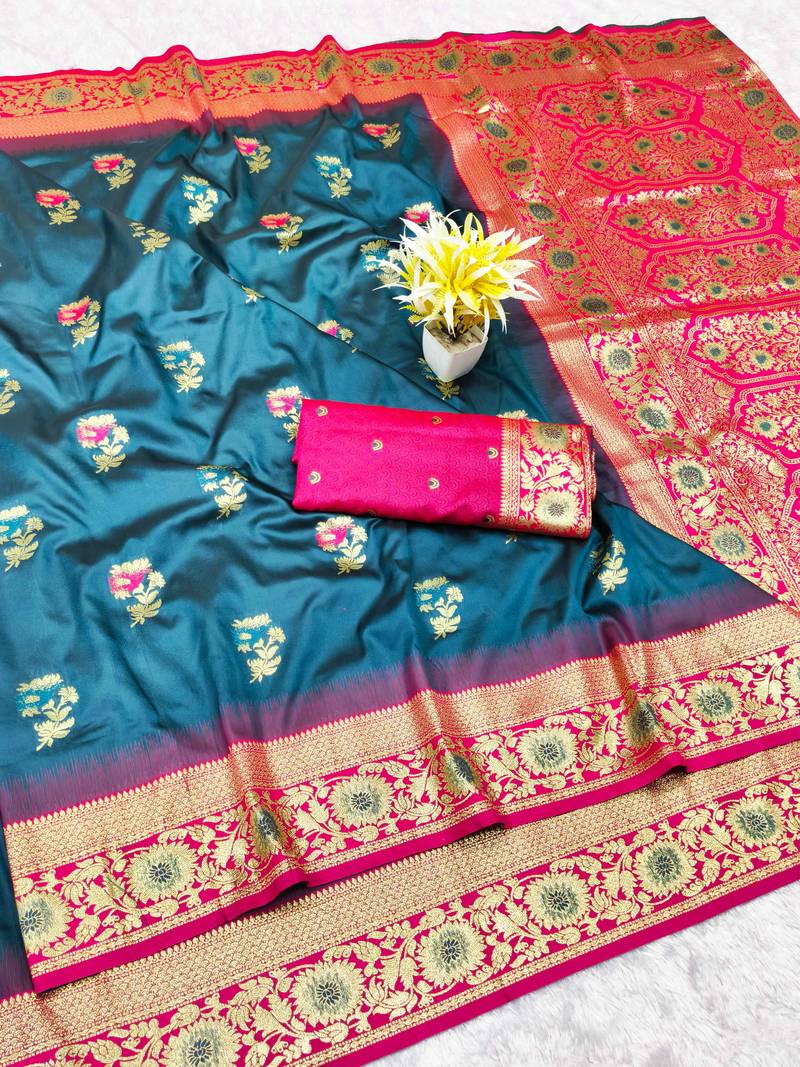 firozi zari woven banarasi silk blend traditional saree with blouse piece