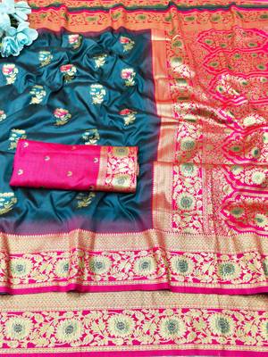 firozi zari woven banarasi silk blend traditional saree with blouse piece 5