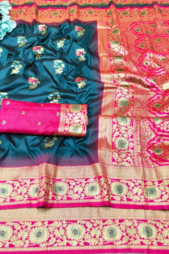 firozi zari woven banarasi silk blend traditional saree with blouse piece
