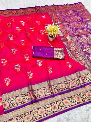 pink zari woven banarasi silk blend traditional saree with blouse piece 1