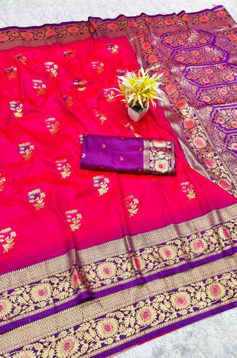 pink zari woven banarasi silk blend traditional saree with blouse piece