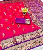 pink zari woven banarasi silk blend traditional saree with blouse piece