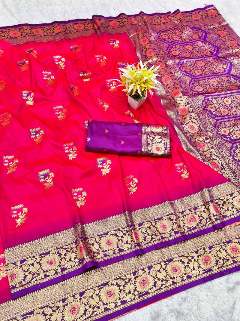 pink zari woven banarasi silk blend traditional saree with blouse piece