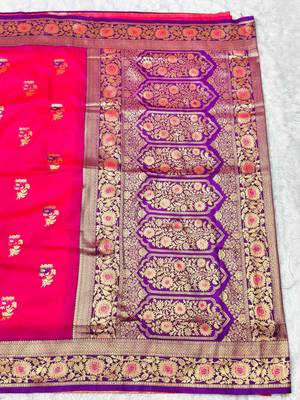 pink zari woven banarasi silk blend traditional saree with blouse piece 2