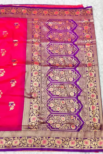 pink zari woven banarasi silk blend traditional saree with blouse piece