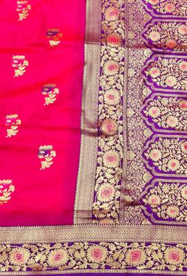 pink zari woven banarasi silk blend traditional saree with blouse piece 3