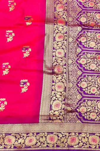 pink zari woven banarasi silk blend traditional saree with blouse piece