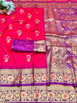 pink zari woven banarasi silk blend traditional saree with blouse piece 5