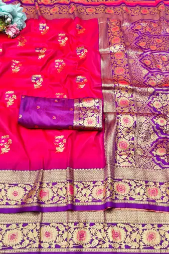 pink zari woven banarasi silk blend traditional saree with blouse piece