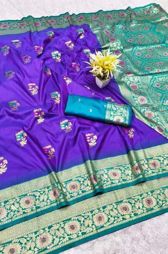 purple zari woven banarasi silk blend traditional saree with blouse piece