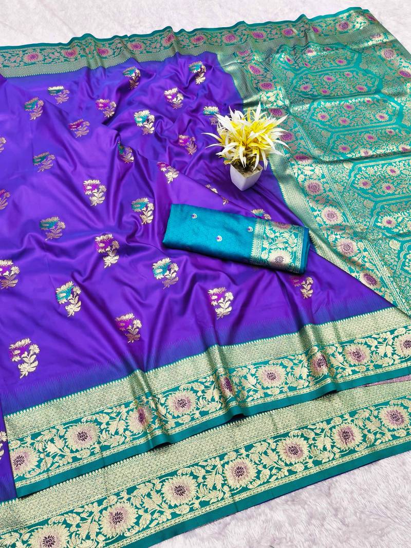 purple zari woven banarasi silk blend traditional saree with blouse piece