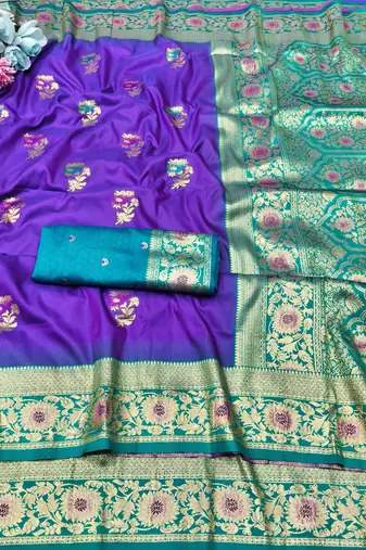 purple zari woven banarasi silk blend traditional saree with blouse piece