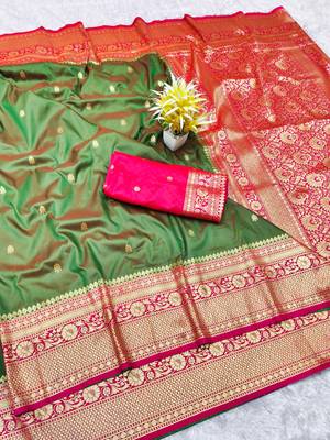 mehendi zari woven banarasi silk blend traditional saree with blouse piece 1