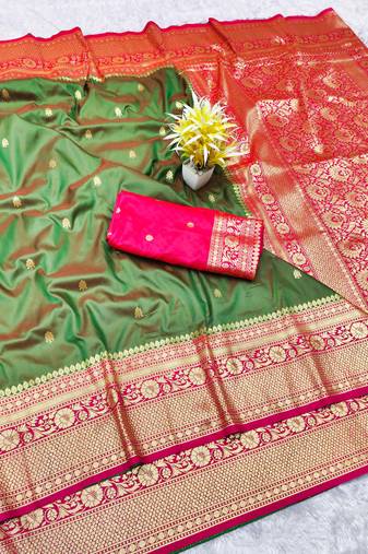 mehendi zari woven banarasi silk blend traditional saree with blouse piece