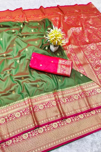 mehendi zari woven banarasi silk blend traditional saree with blouse piece