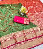 mehendi zari woven banarasi silk blend traditional saree with blouse piece