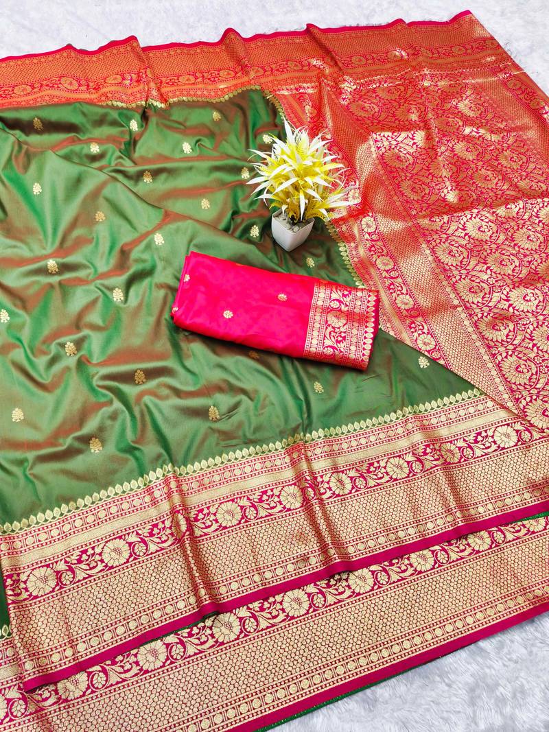 mehendi zari woven banarasi silk blend traditional saree with blouse piece