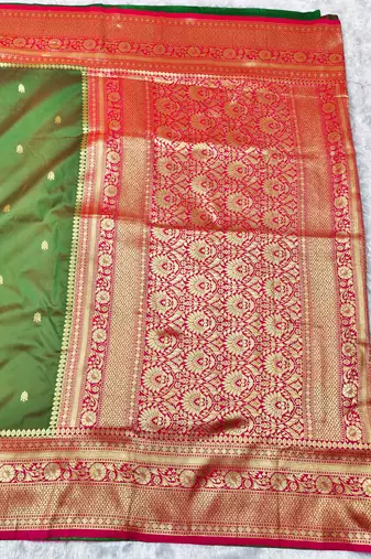 mehendi zari woven banarasi silk blend traditional saree with blouse piece