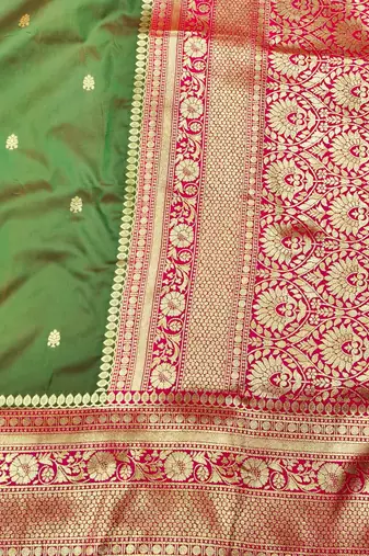 mehendi zari woven banarasi silk blend traditional saree with blouse piece