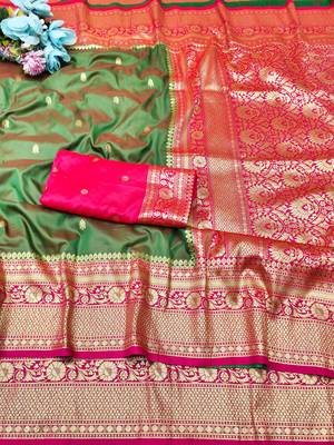 mehendi zari woven banarasi silk blend traditional saree with blouse piece 5
