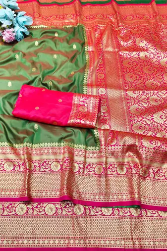 mehendi zari woven banarasi silk blend traditional saree with blouse piece