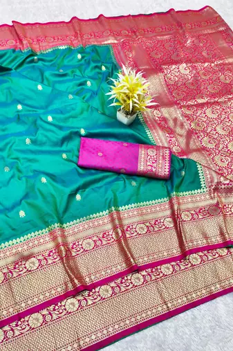 rama zari woven banarasi silk blend traditional saree with blouse piece
