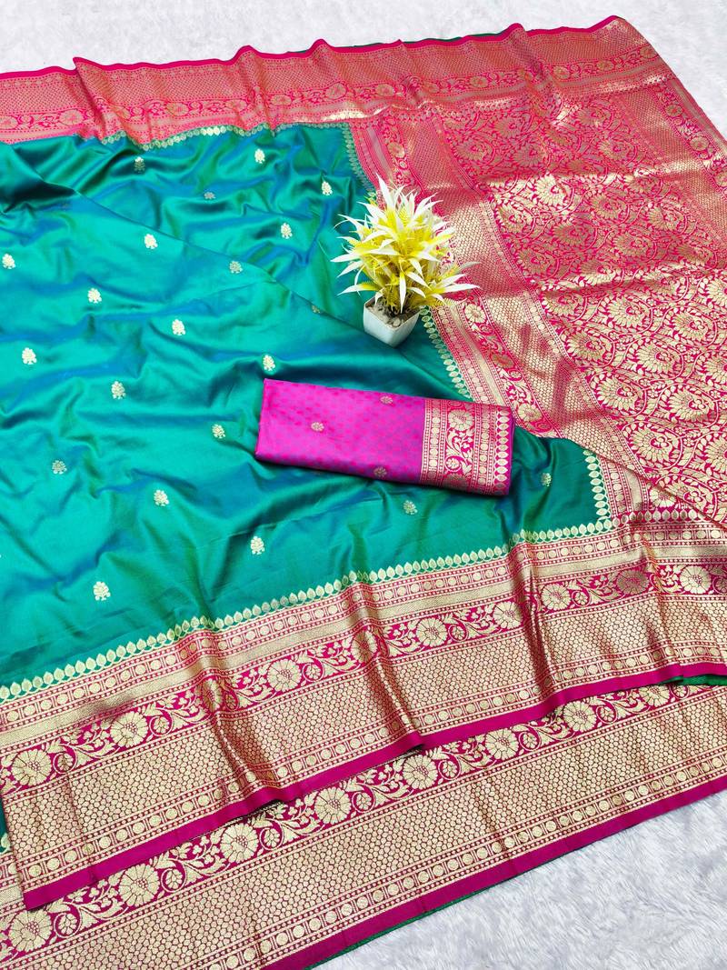 rama zari woven banarasi silk blend traditional saree with blouse piece