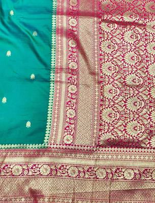 rama zari woven banarasi silk blend traditional saree with blouse piece 3