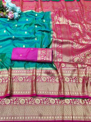 rama zari woven banarasi silk blend traditional saree with blouse piece 5