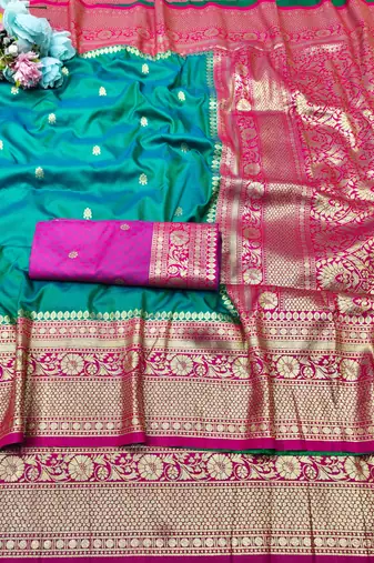 rama zari woven banarasi silk blend traditional saree with blouse piece
