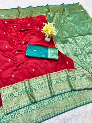 maroon zari woven banarasi silk blend traditional saree with blouse piece 1