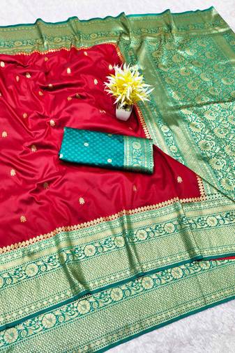 maroon zari woven banarasi silk blend traditional saree with blouse piece