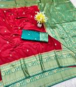 maroon zari woven banarasi silk blend traditional saree with blouse piece