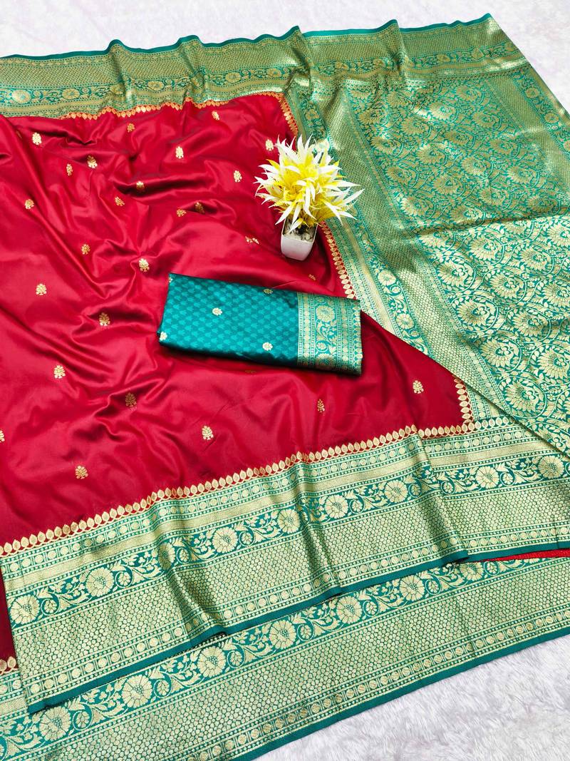 maroon zari woven banarasi silk blend traditional saree with blouse piece