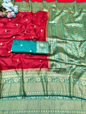 maroon zari woven banarasi silk blend traditional saree with blouse piece 5