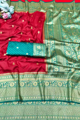 maroon zari woven banarasi silk blend traditional saree with blouse piece
