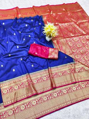 navy blue zari woven banarasi silk blend traditional saree with blouse piece 1