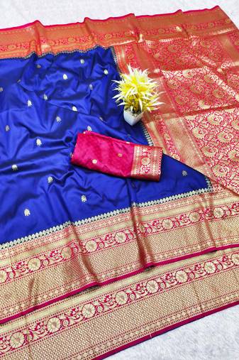 navy blue zari woven banarasi silk blend traditional saree with blouse piece