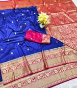 navy blue zari woven banarasi silk blend traditional saree with blouse piece