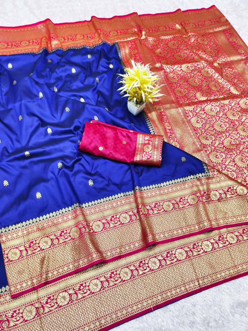 navy blue zari woven banarasi silk blend traditional saree with blouse piece