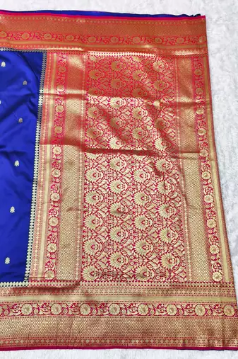 navy blue zari woven banarasi silk blend traditional saree with blouse piece